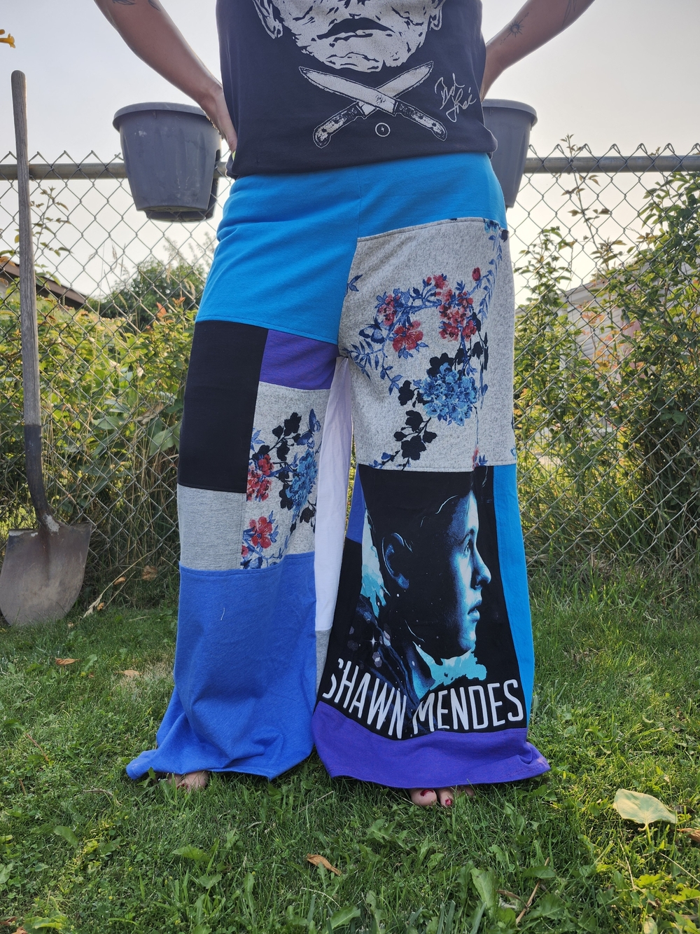Shawn Mendes Patchwork Wide-Leg Pants — Blue Multicolor